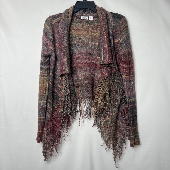 Cato Sweaters - Cato Open Front Fringe Cardigan M Boho Striped Lightweight Knit Festival Earthy